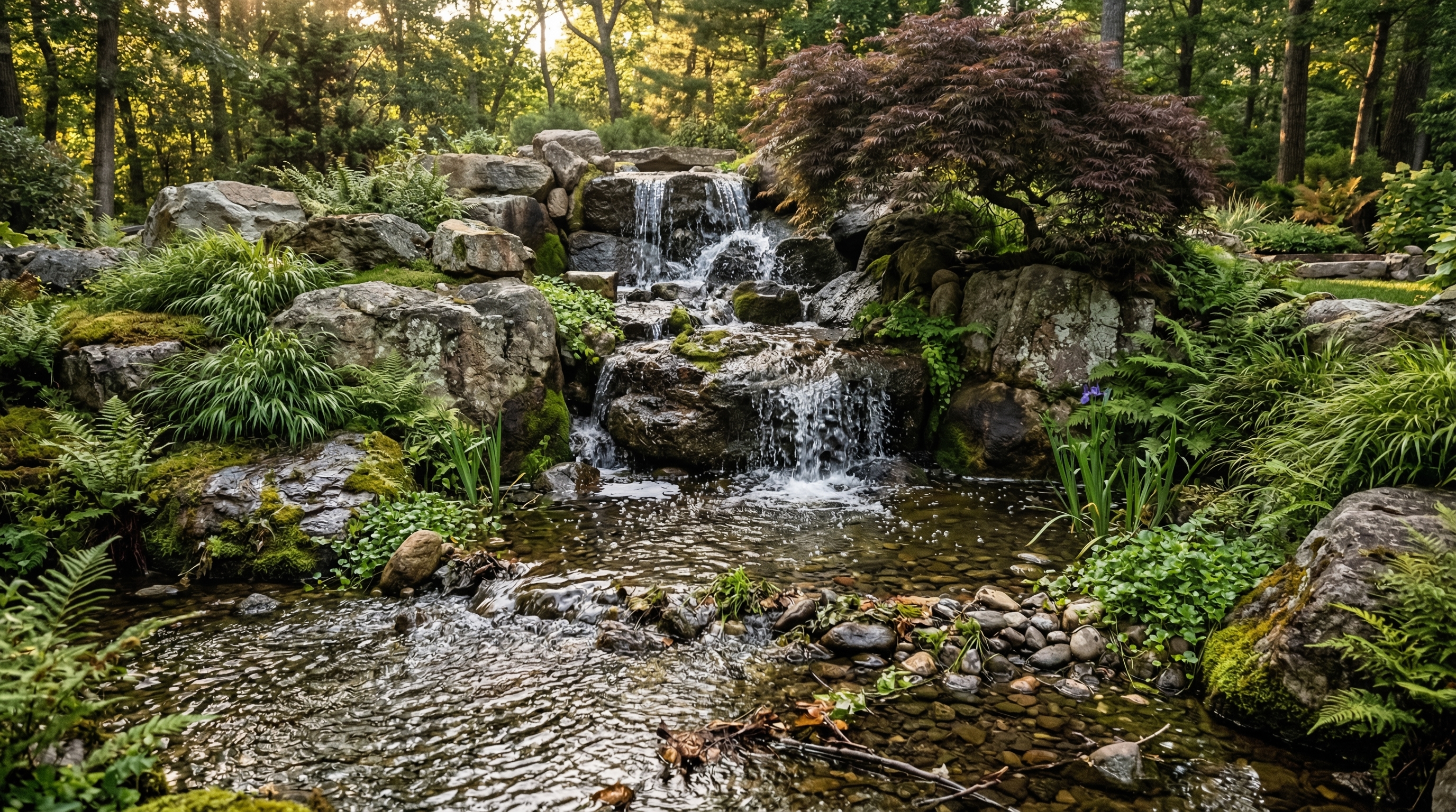 Stunning eye-level view of a custom-built natural stream feature